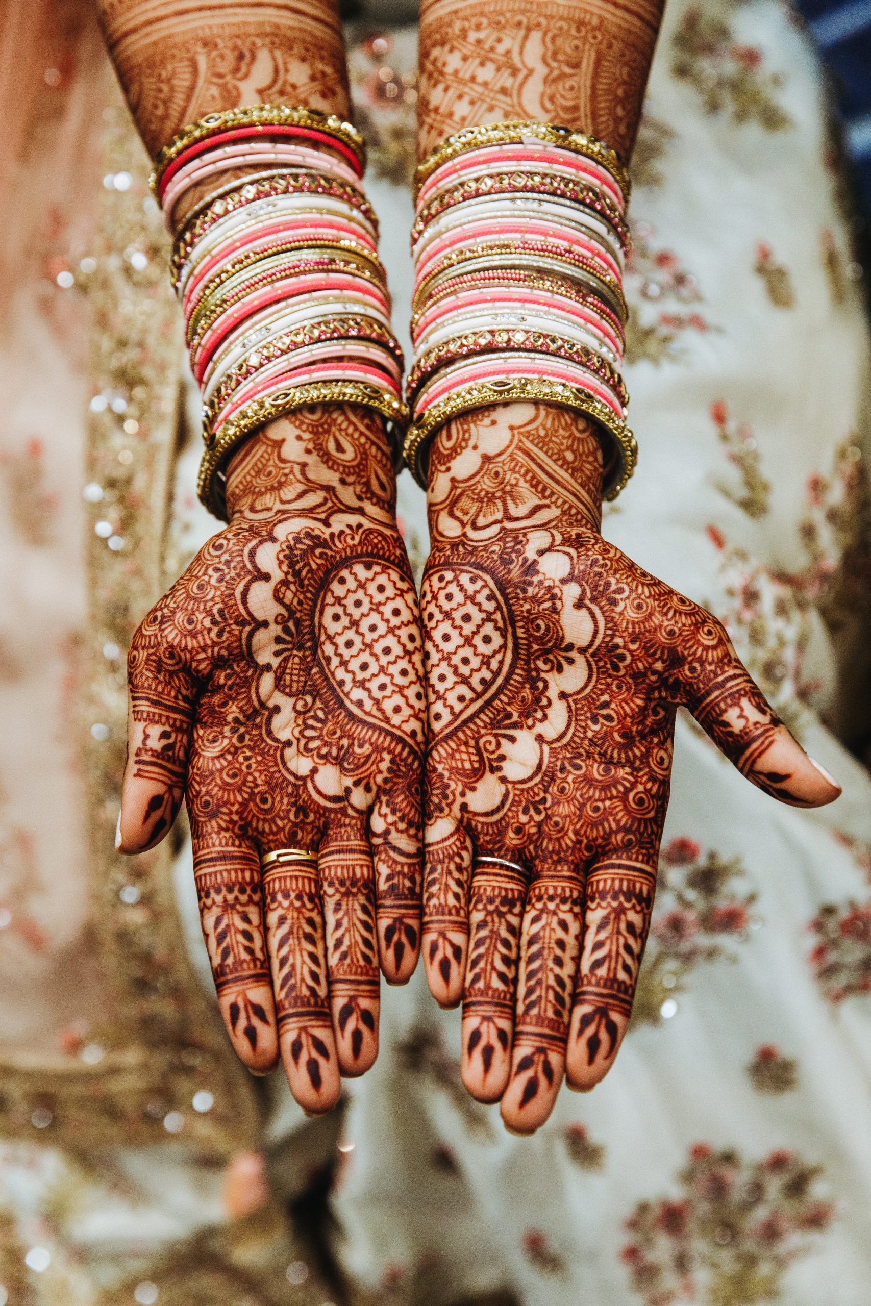 Indian wedding bangles and  mehandi henna coloured hands with 
reflective ornament